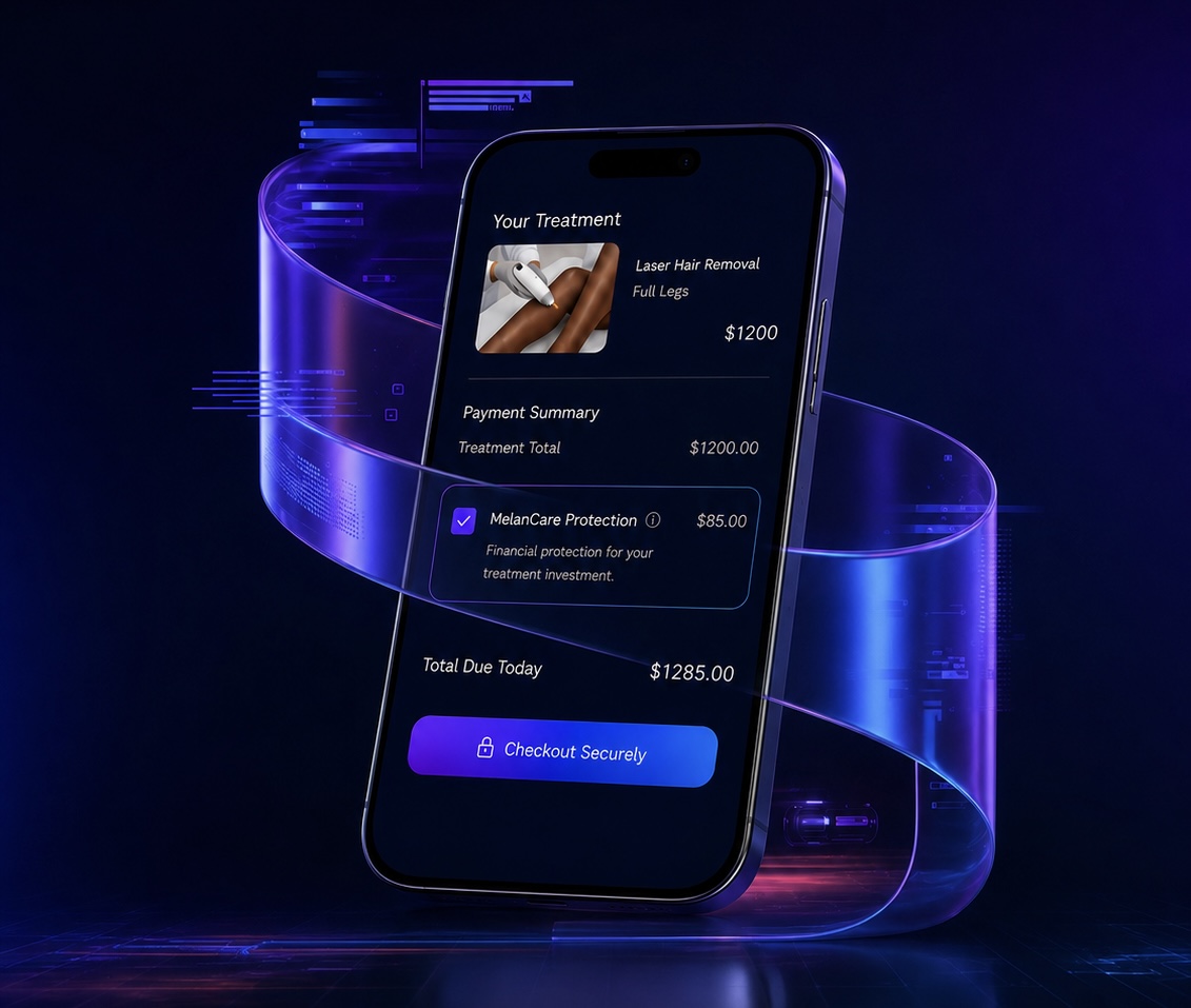 A smartphone showing a MelanCare treatment checkout with an optional protection add-on
